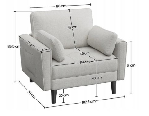FOTEL TRADYCYJNY LNIANA MAŁA SOFA KANAPA Z 2 PODUSZKAMI I PODŁOKIETNIKAMI